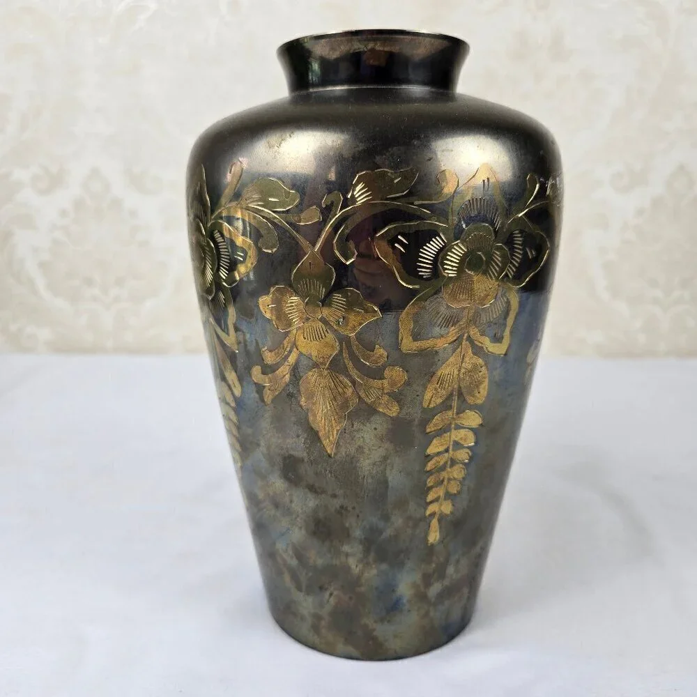Brass Etched Floral Vase Gold Flowers Vines Leaves Vintage Decor Decoration